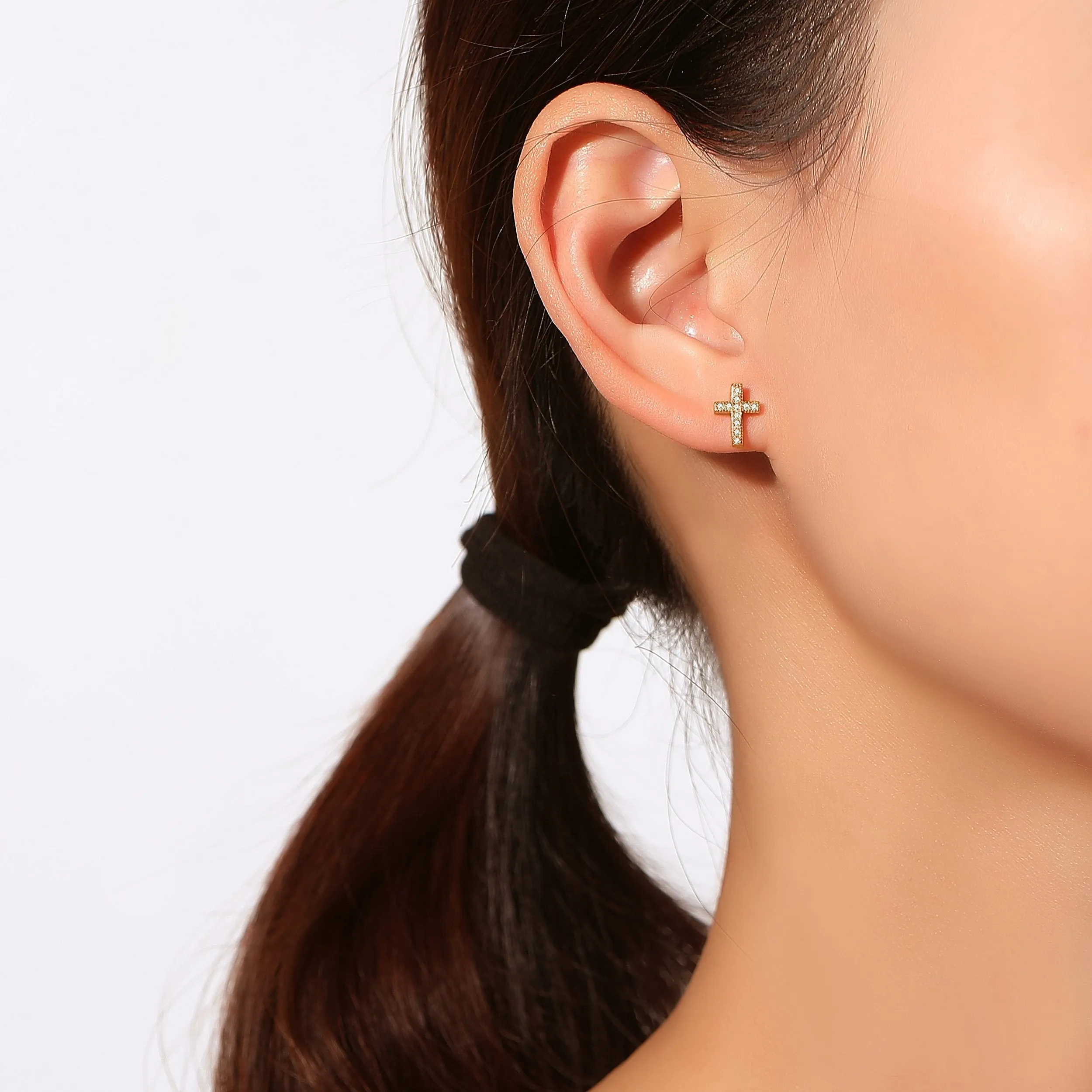 14K Gold Plated .925 Sterling Silver Cubic Zirconia Cross Stud Earrings