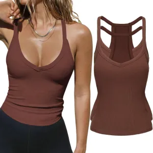 2 Pack V Neck Tank Tops for Women Built in Bra Racerback Womens Tank Tops Basics Yoga Ribbed Gym Sleeveless Shirts