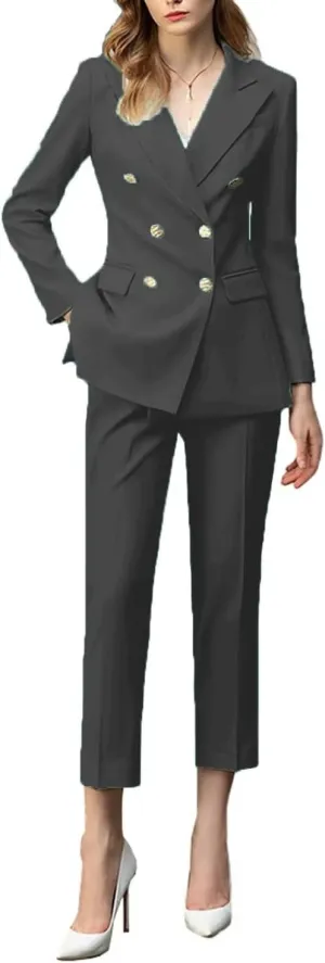 2 Piece Women's Peaked Lapel Classic Fit Outfit Double Breasted Formal Business Blazer Pant Suits