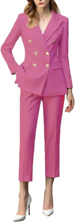 2 Piece Women's Peaked Lapel Classic Fit Outfit Double Breasted Formal Business Blazer Pant Suits
