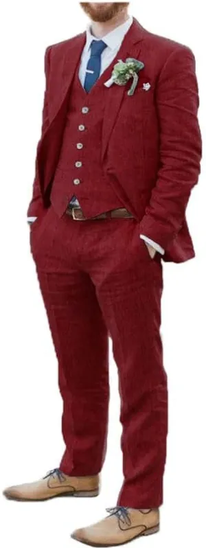 2024 Fashion Men Linen Suits Sets for Beach Wedding Long Sleeves 3 Piece Tuxedo for Party JXZ098