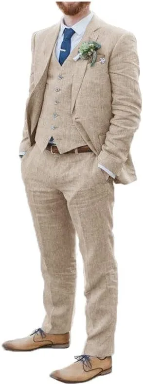 2024 Fashion Men Linen Suits Sets for Beach Wedding Long Sleeves 3 Piece Tuxedo for Party JXZ098