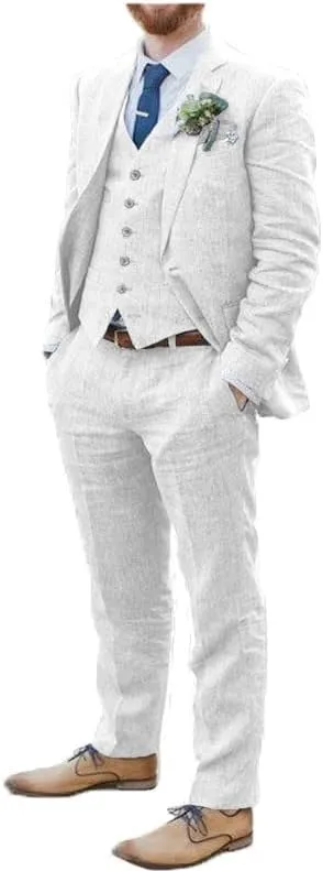 2024 Fashion Men Linen Suits Sets for Beach Wedding Long Sleeves 3 Piece Tuxedo for Party JXZ098