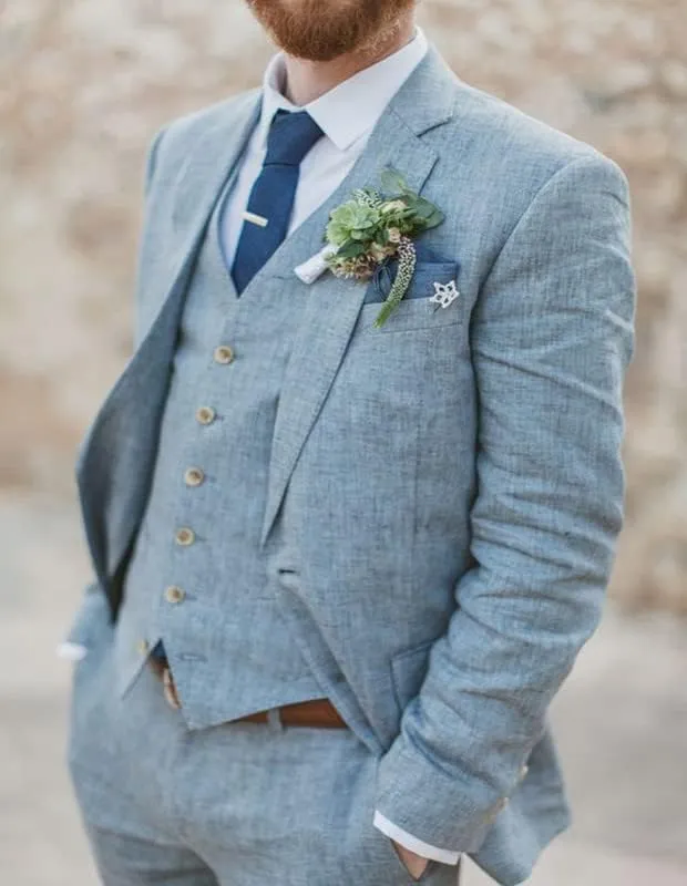 2024 Fashion Men Linen Suits Sets for Beach Wedding Long Sleeves 3 Piece Tuxedo for Party JXZ098
