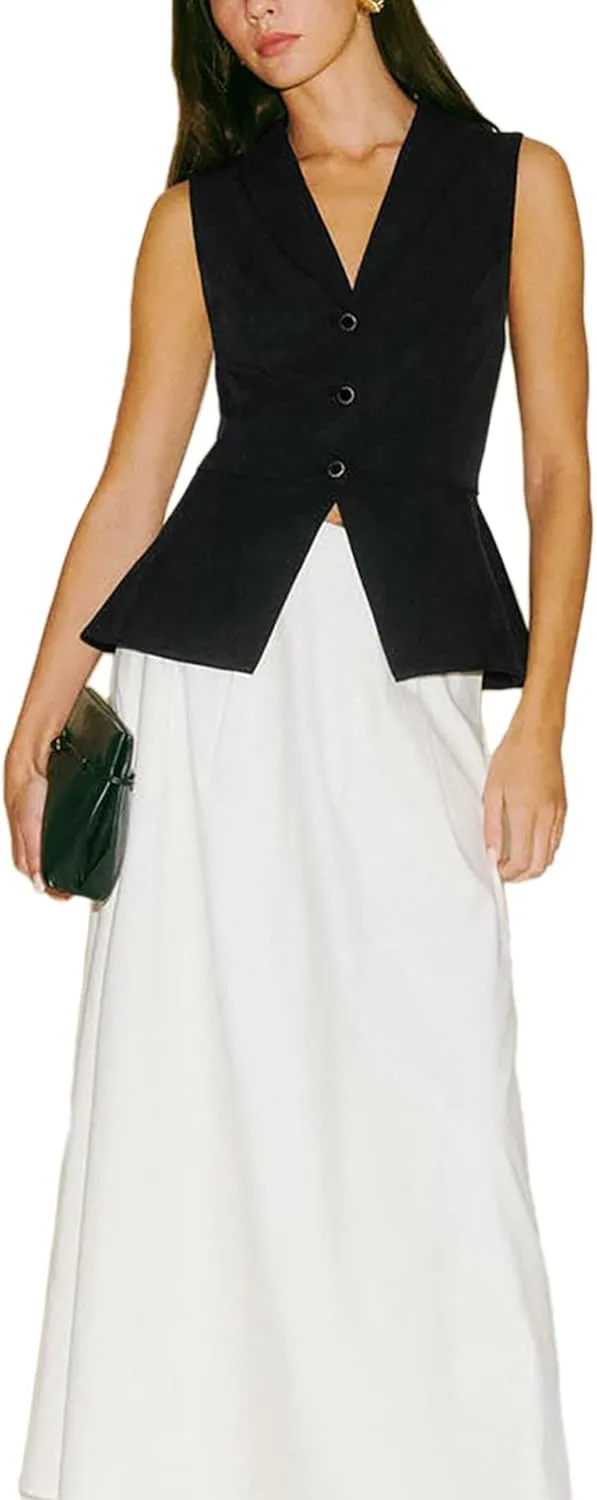 2024 Summer Womens Sleeveless Vest Blazer Lightweight Casual Light Fashion Lapel Button Petite Fitted Tops