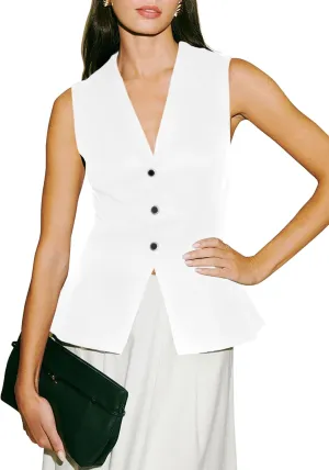 2024 Summer Womens Sleeveless Vest Blazer Lightweight Casual Light Fashion Lapel Button Petite Fitted Tops