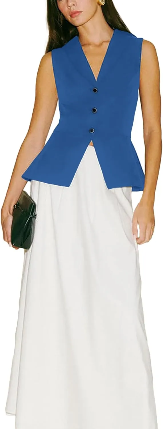 2024 Summer Womens Sleeveless Vest Blazer Lightweight Casual Light Fashion Lapel Button Petite Fitted Tops