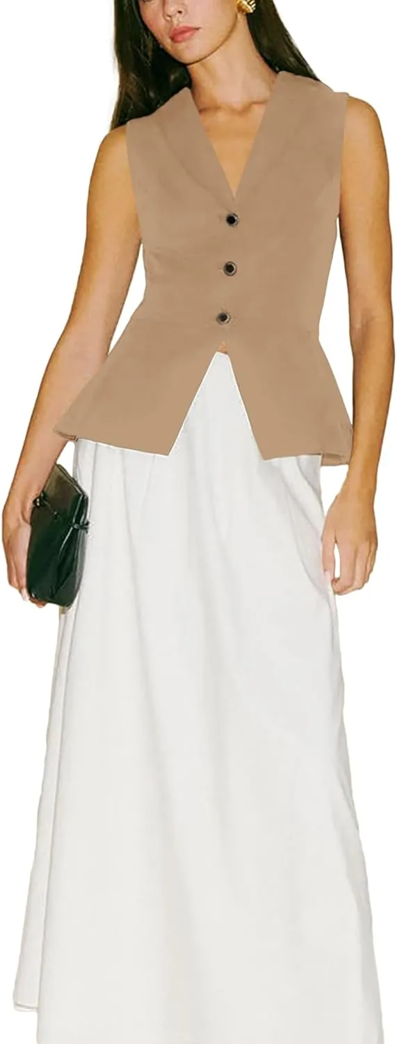 2024 Summer Womens Sleeveless Vest Blazer Lightweight Casual Light Fashion Lapel Button Petite Fitted Tops
