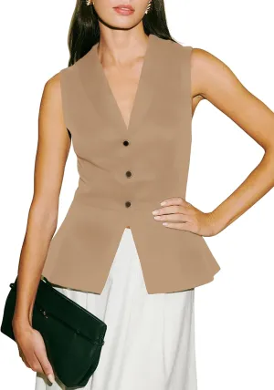 2024 Summer Womens Sleeveless Vest Blazer Lightweight Casual Light Fashion Lapel Button Petite Fitted Tops