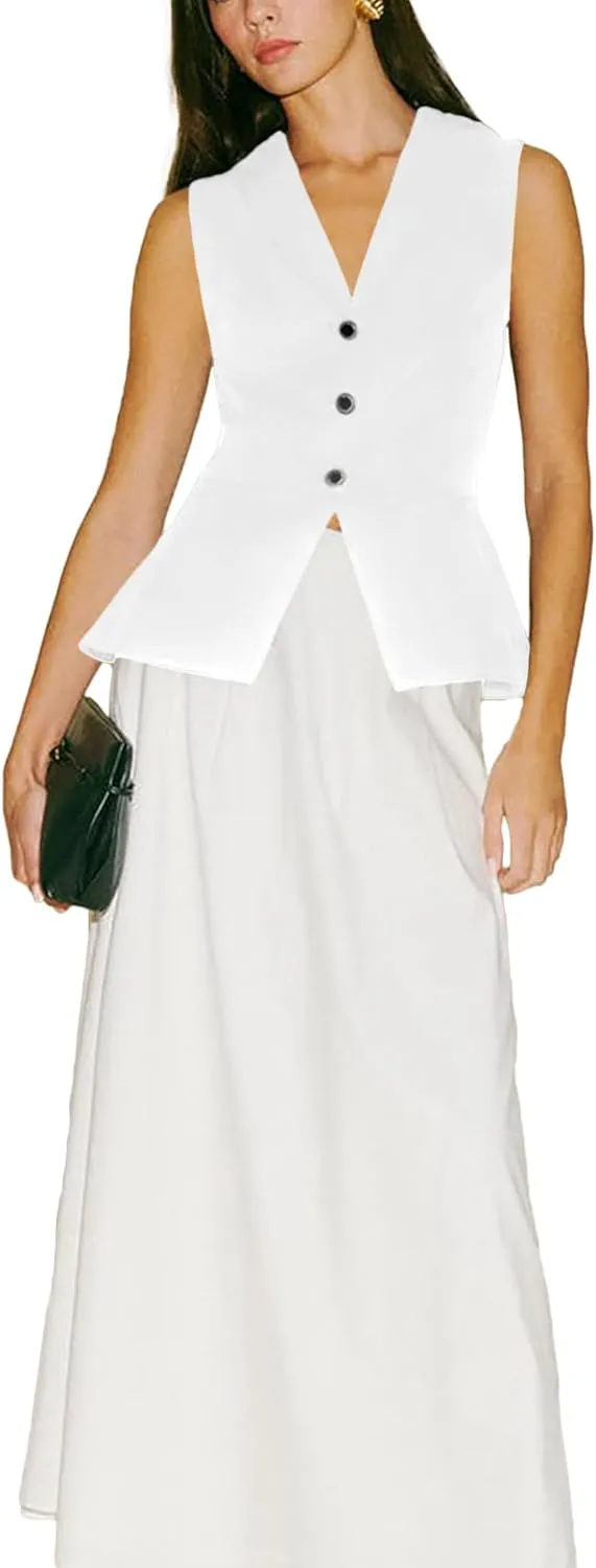 2024 Summer Womens Sleeveless Vest Blazer Lightweight Casual Light Fashion Lapel Button Petite Fitted Tops