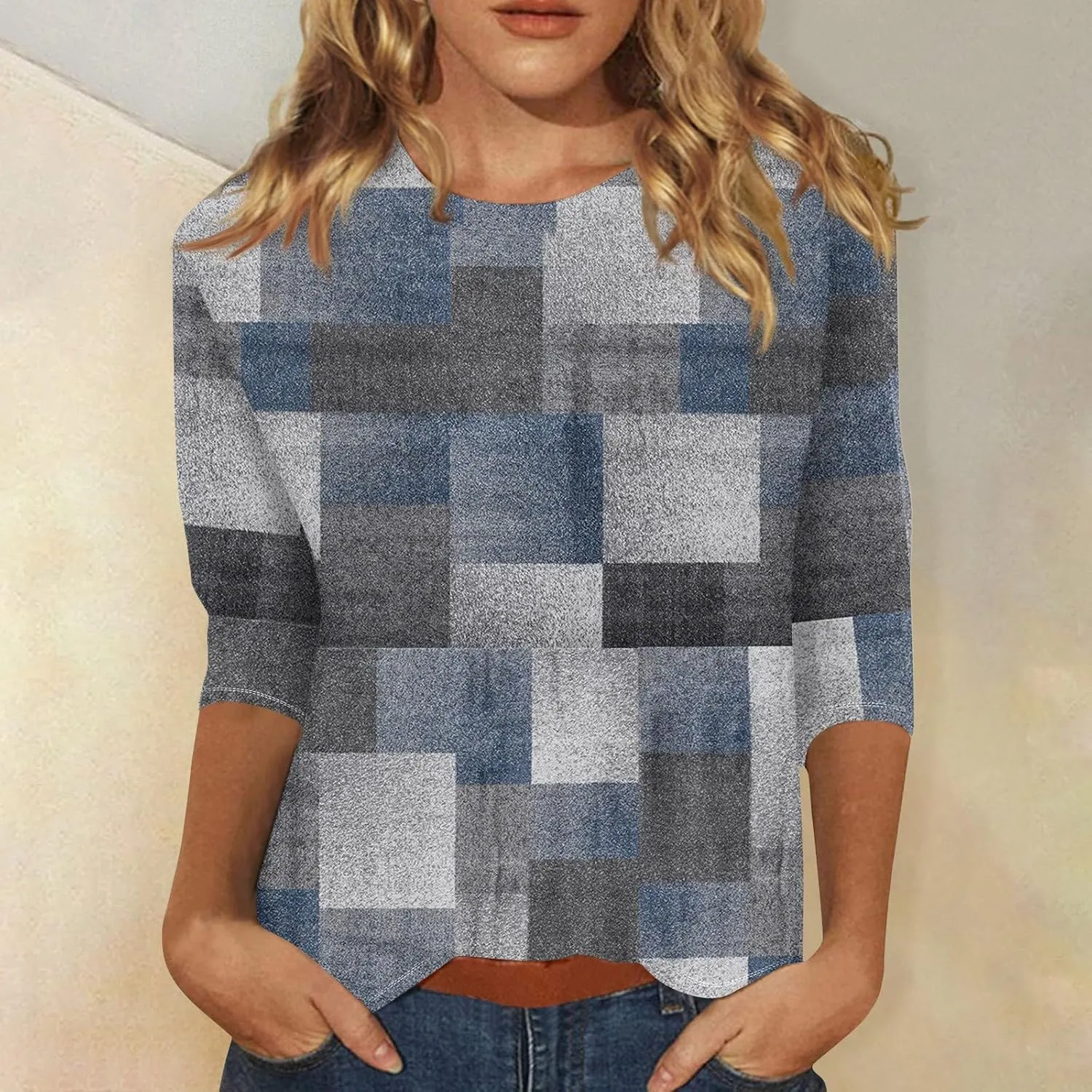 3/4 Length Sleeve Womens Tops 2025 Summer Round Neck Shirts Three Quarter Sleeve Tshirts