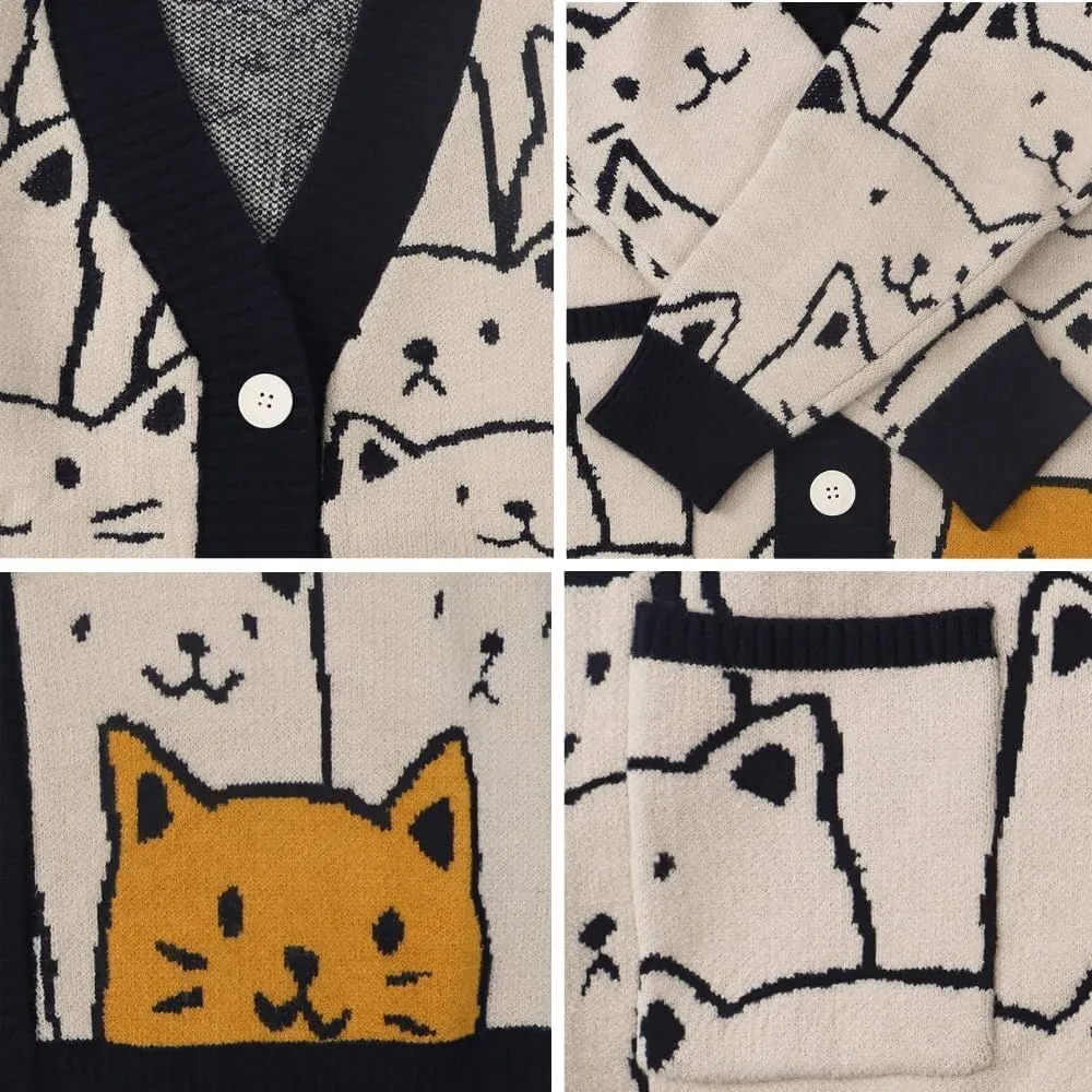Aelfric Eden Women Cardigan Sweater Cat Cartoon Graphic Open Front V Neck Oversized Knit Casual Coat 2025 Outfits