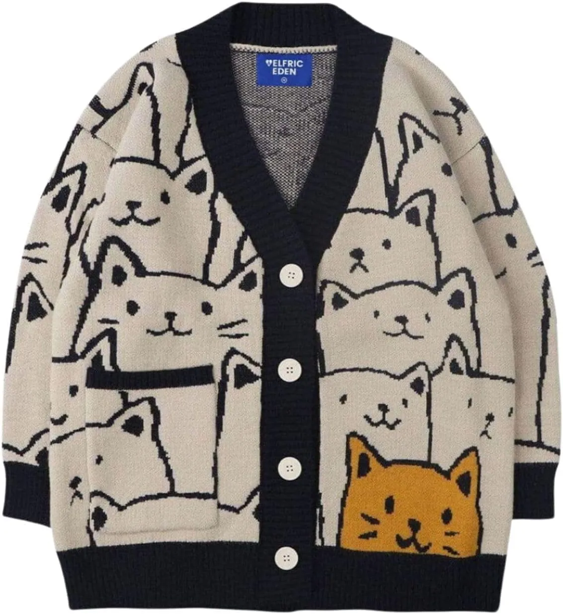 Aelfric Eden Women Cardigan Sweater Cat Cartoon Graphic Open Front V Neck Oversized Knit Casual Coat 2025 Outfits