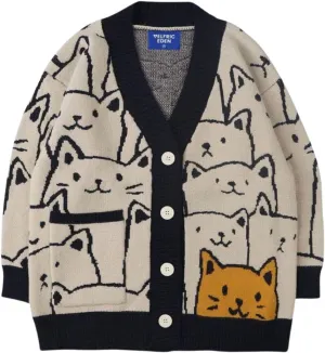 Aelfric Eden Women Cardigan Sweater Cat Cartoon Graphic Open Front V Neck Oversized Knit Casual Coat 2025 Outfits