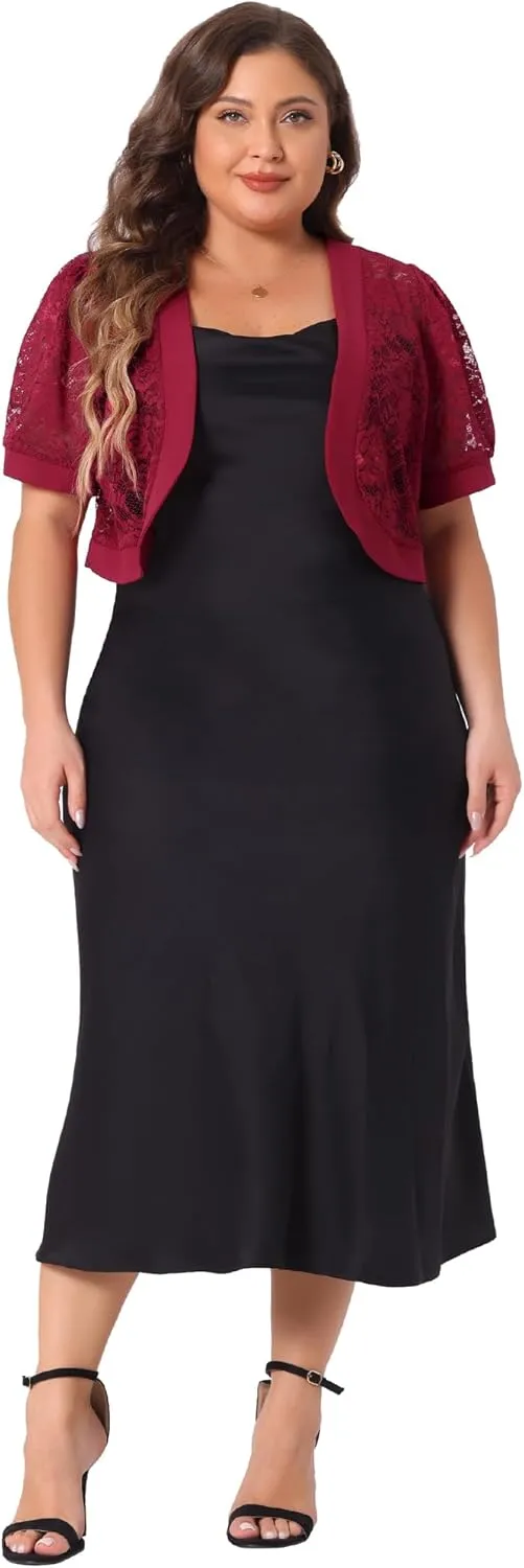 Agnes Orinda Plus Size Cropped Cardigans for Women Open Front Short Sleeve Floral Lace Sheer Bolero Shrugs for Dresses