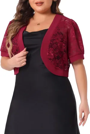 Agnes Orinda Plus Size Cropped Cardigans for Women Open Front Short Sleeve Floral Lace Sheer Bolero Shrugs for Dresses