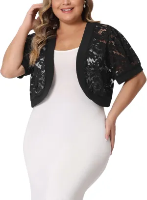 Agnes Orinda Plus Size Cropped Cardigans for Women Open Front Short Sleeve Floral Lace Sheer Bolero Shrugs for Dresses