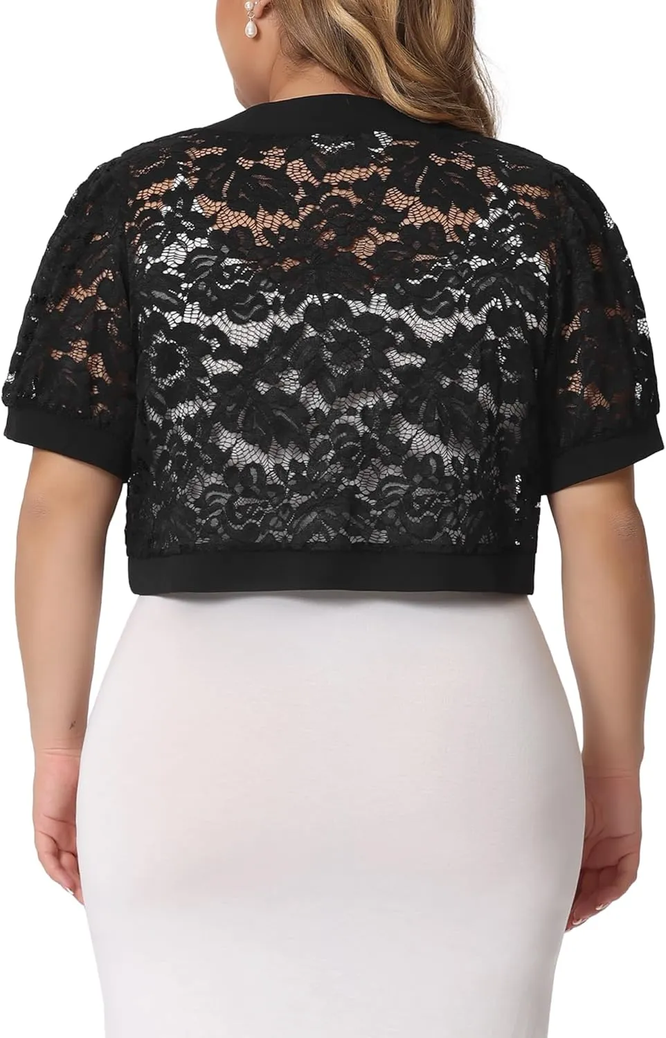 Agnes Orinda Plus Size Cropped Cardigans for Women Open Front Short Sleeve Floral Lace Sheer Bolero Shrugs for Dresses