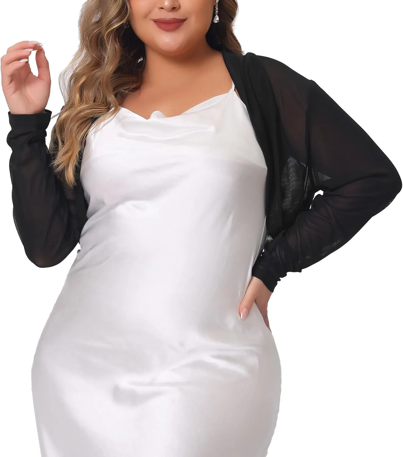 Agnes Orinda Plus Size Mesh Crop Cardigans for Women Long Sleeve Open Front See Through Sheer Bolero Shrug Top
