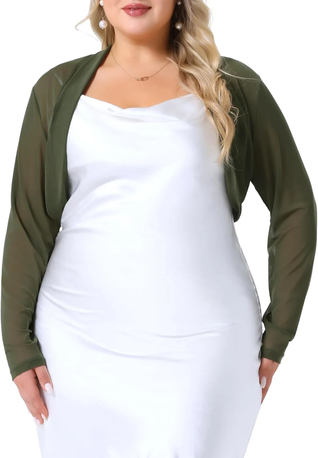 Agnes Orinda Plus Size Mesh Crop Cardigans for Women Long Sleeve Open Front See Through Sheer Bolero Shrug Top