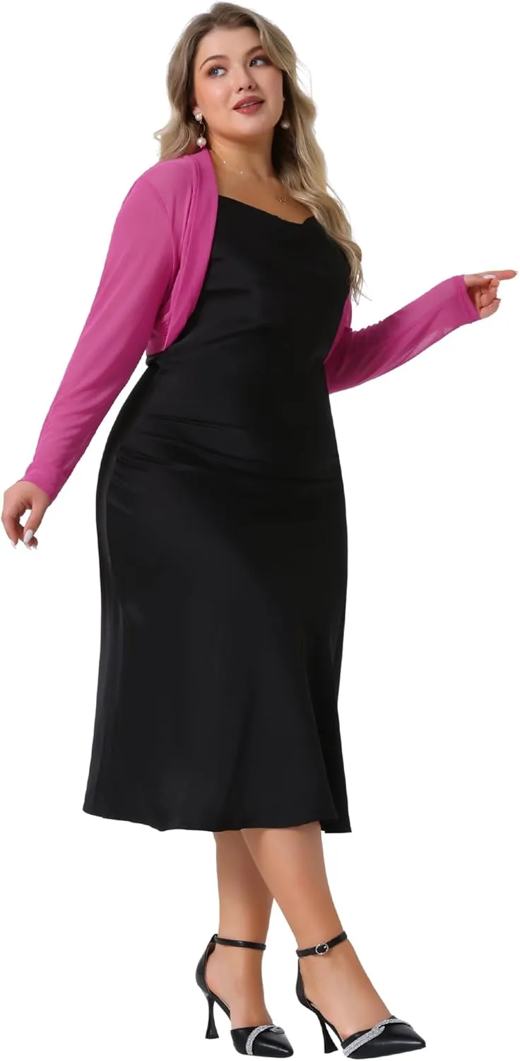 Agnes Orinda Plus Size Mesh Crop Cardigans for Women Long Sleeve Open Front See Through Sheer Bolero Shrug Top