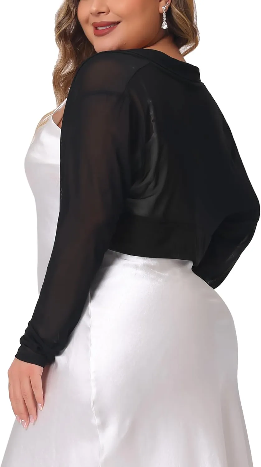 Agnes Orinda Plus Size Mesh Crop Cardigans for Women Long Sleeve Open Front See Through Sheer Bolero Shrug Top