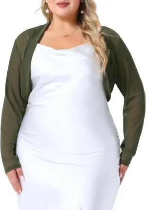 Agnes Orinda Plus Size Mesh Crop Cardigans for Women Long Sleeve Open Front See Through Sheer Bolero Shrug Top