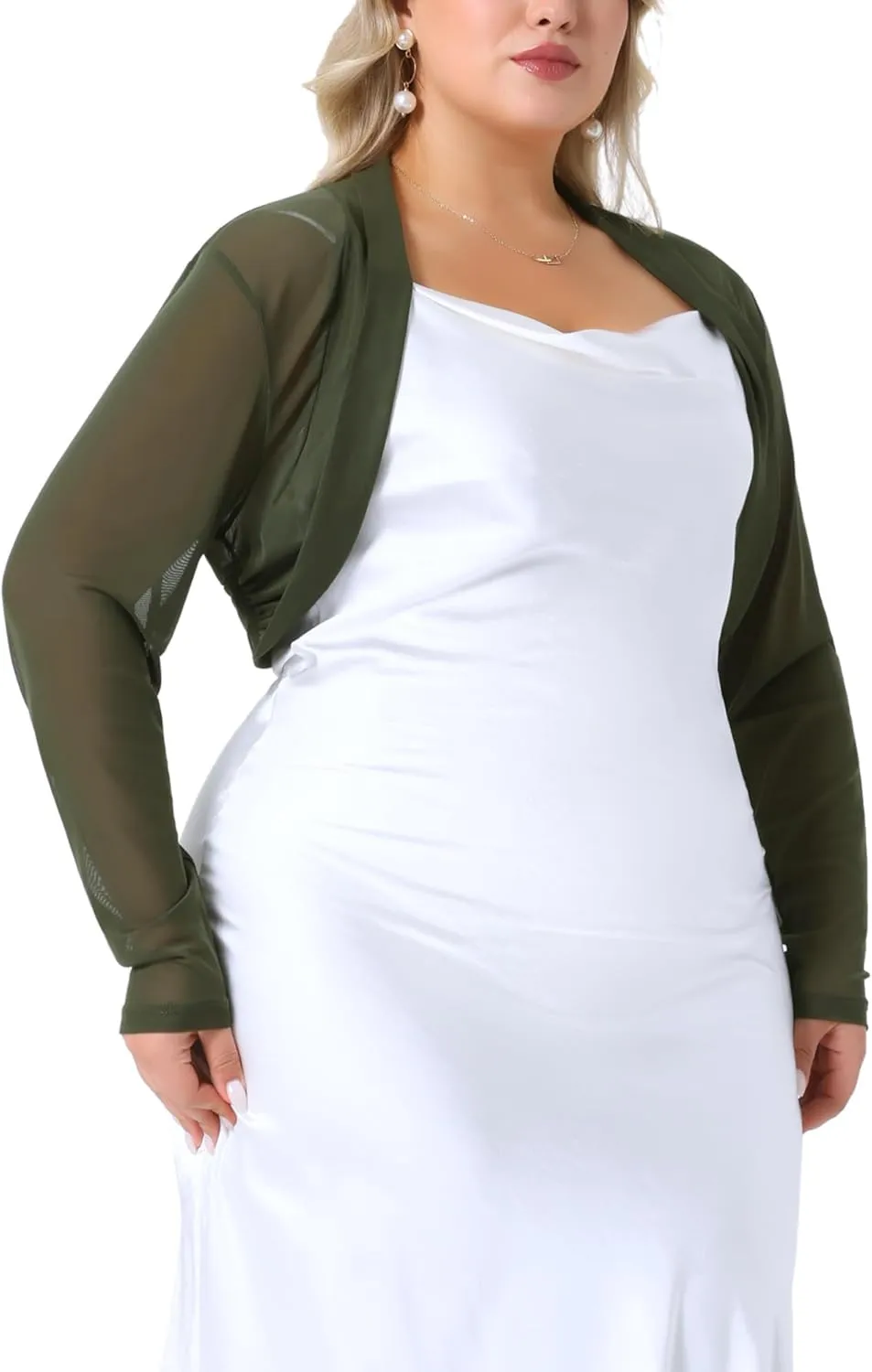 Agnes Orinda Plus Size Mesh Crop Cardigans for Women Long Sleeve Open Front See Through Sheer Bolero Shrug Top