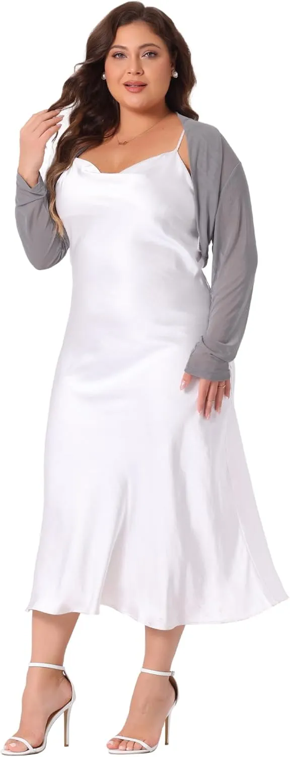 Agnes Orinda Plus Size Mesh Crop Cardigans for Women Long Sleeve Open Front See Through Sheer Bolero Shrug Top