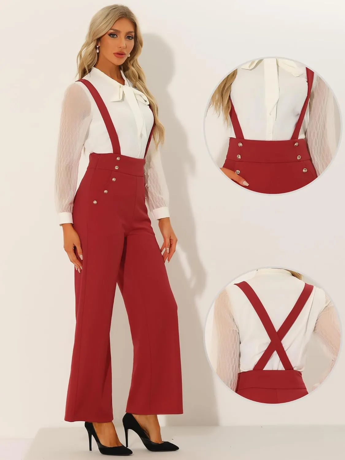 Allegra K Casual Office Overall for Women's Adjustable Straps Wide Leg Suspenders Jumpsuits