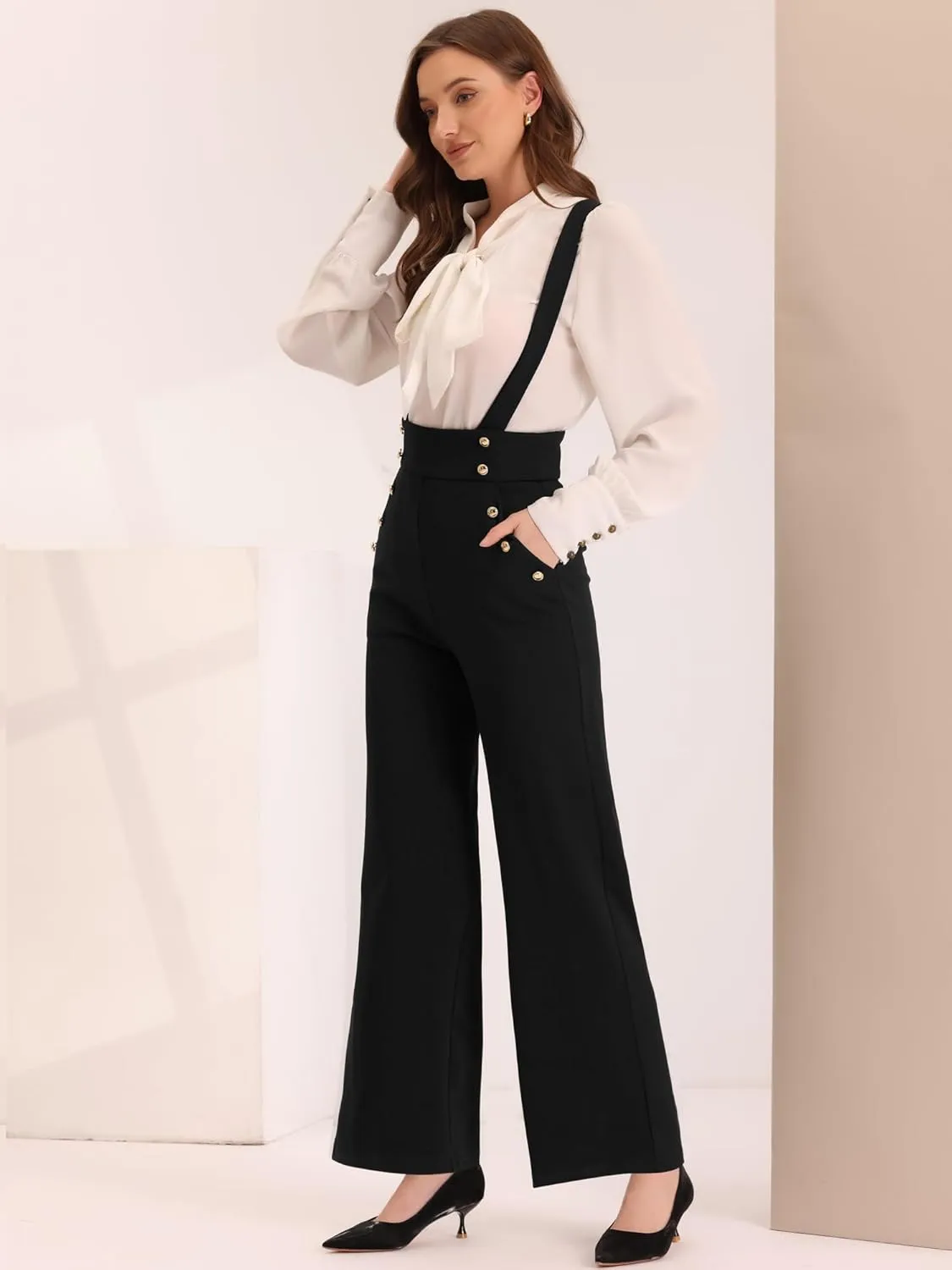 Allegra K Casual Office Overall for Women's Adjustable Straps Wide Leg Suspenders Jumpsuits