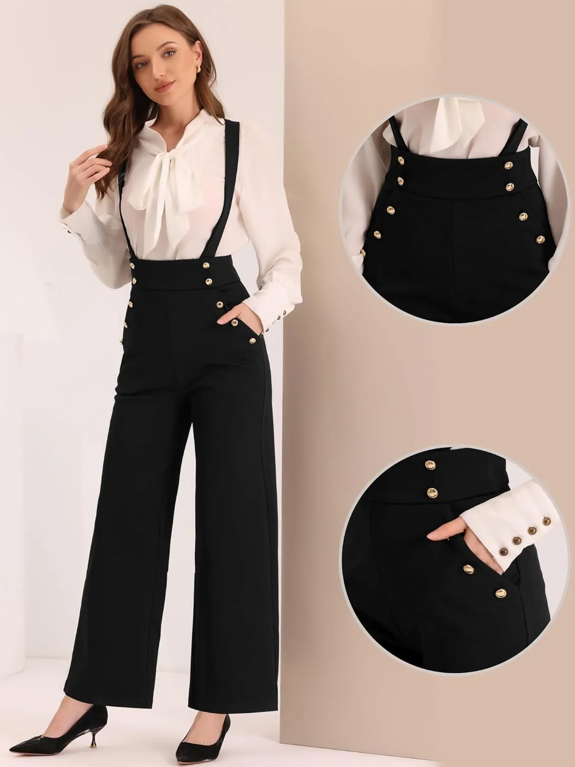 Allegra K Casual Office Overall for Women's Adjustable Straps Wide Leg Suspenders Jumpsuits