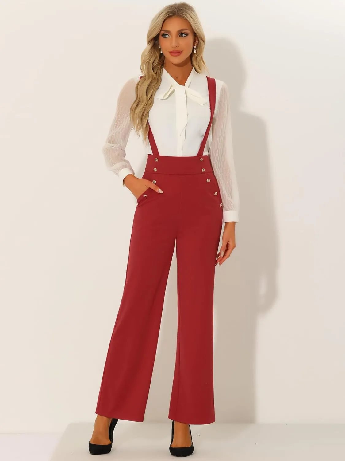 Allegra K Casual Office Overall for Women's Adjustable Straps Wide Leg Suspenders Jumpsuits
