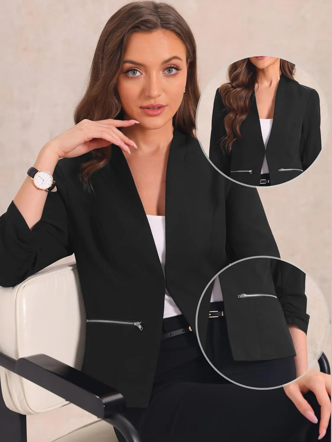Allegra K Open Front Blazer for Women's 3/4 Ruched Sleeve Suit Jacket Work Office Casual Blazers with Zipper Pockets