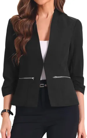 Allegra K Open Front Blazer for Women's 3/4 Ruched Sleeve Suit Jacket Work Office Casual Blazers with Zipper Pockets