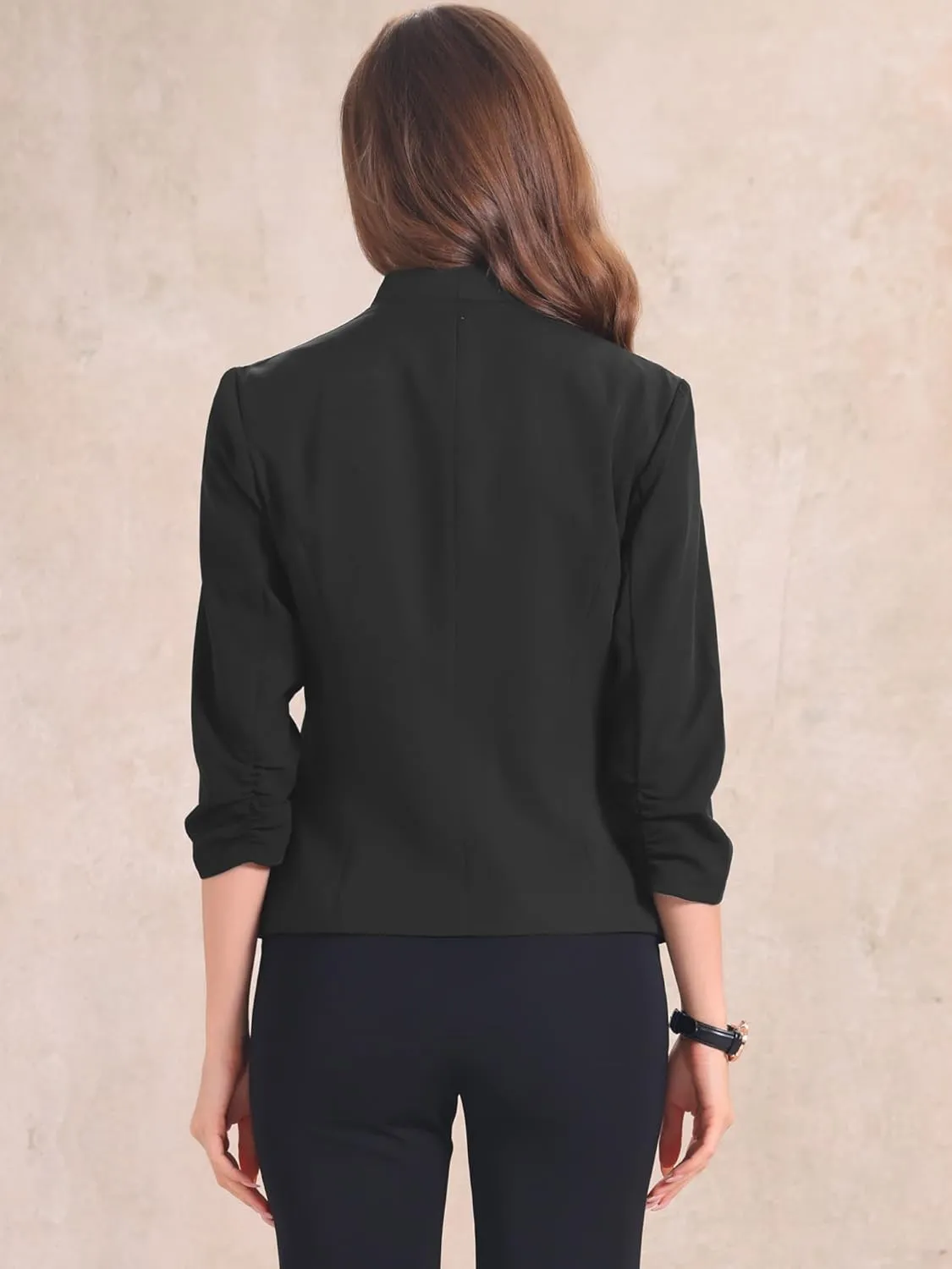 Allegra K Open Front Blazer for Women's 3/4 Ruched Sleeve Suit Jacket Work Office Casual Blazers with Zipper Pockets