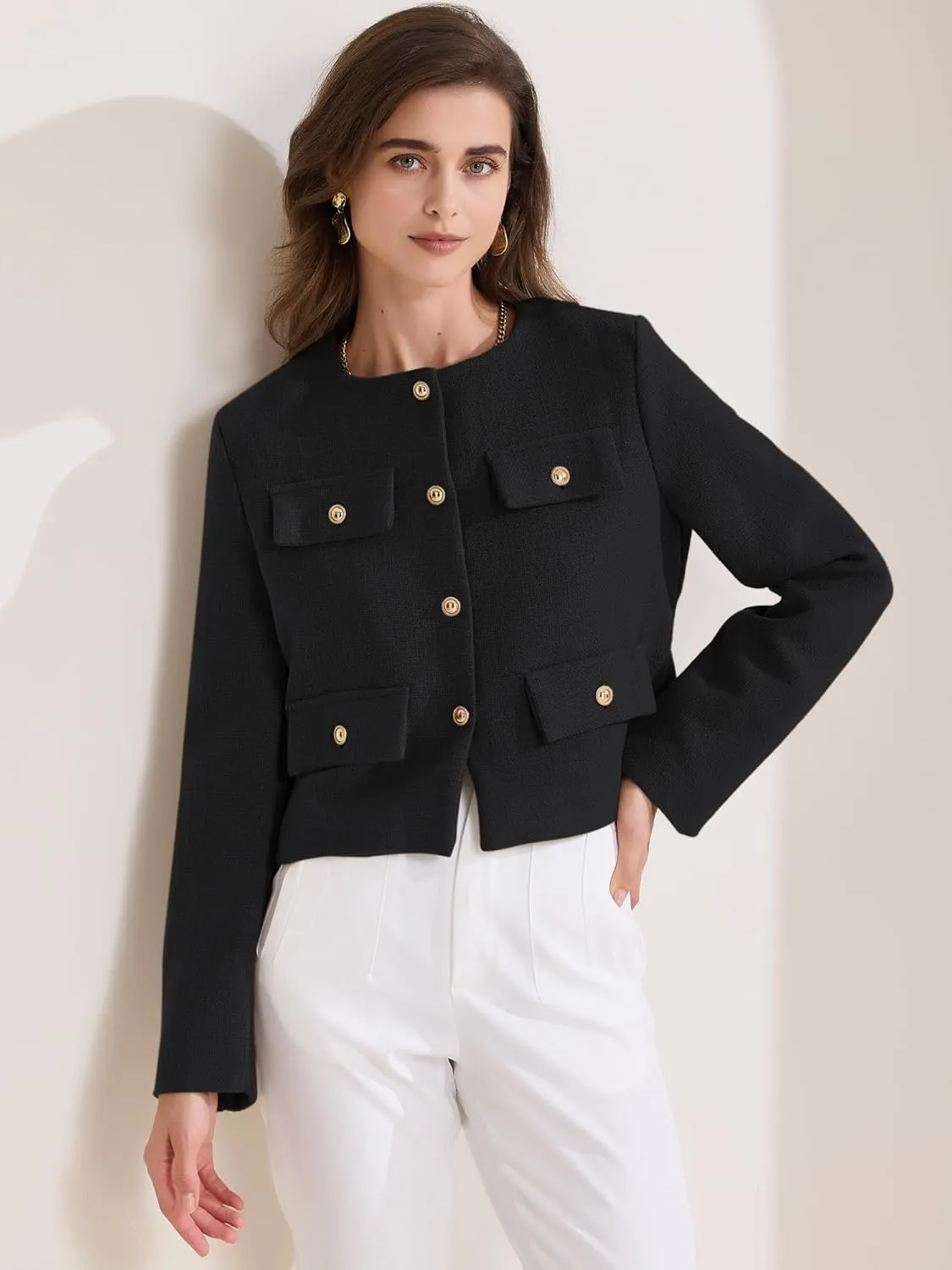 Allegra K Women's Cropped Blazer Jacket Long Sleeve Button Down Spring Fall Work Business Tweed Blazers