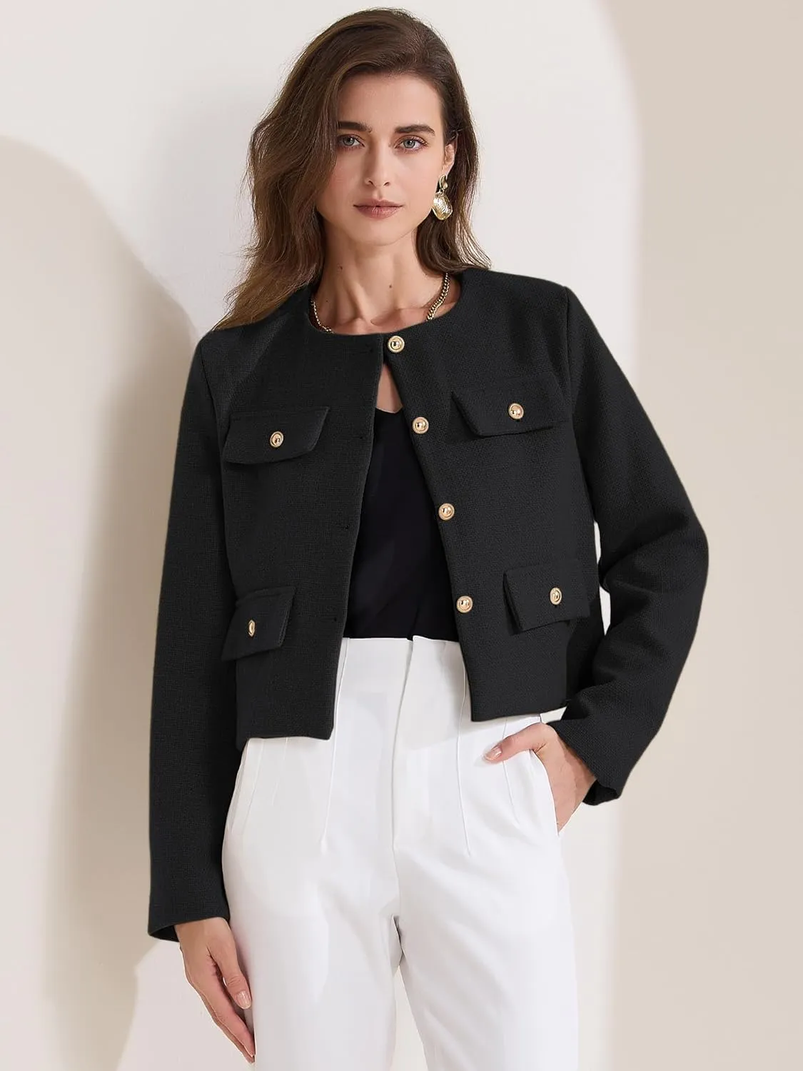 Allegra K Women's Cropped Blazer Jacket Long Sleeve Button Down Spring Fall Work Business Tweed Blazers