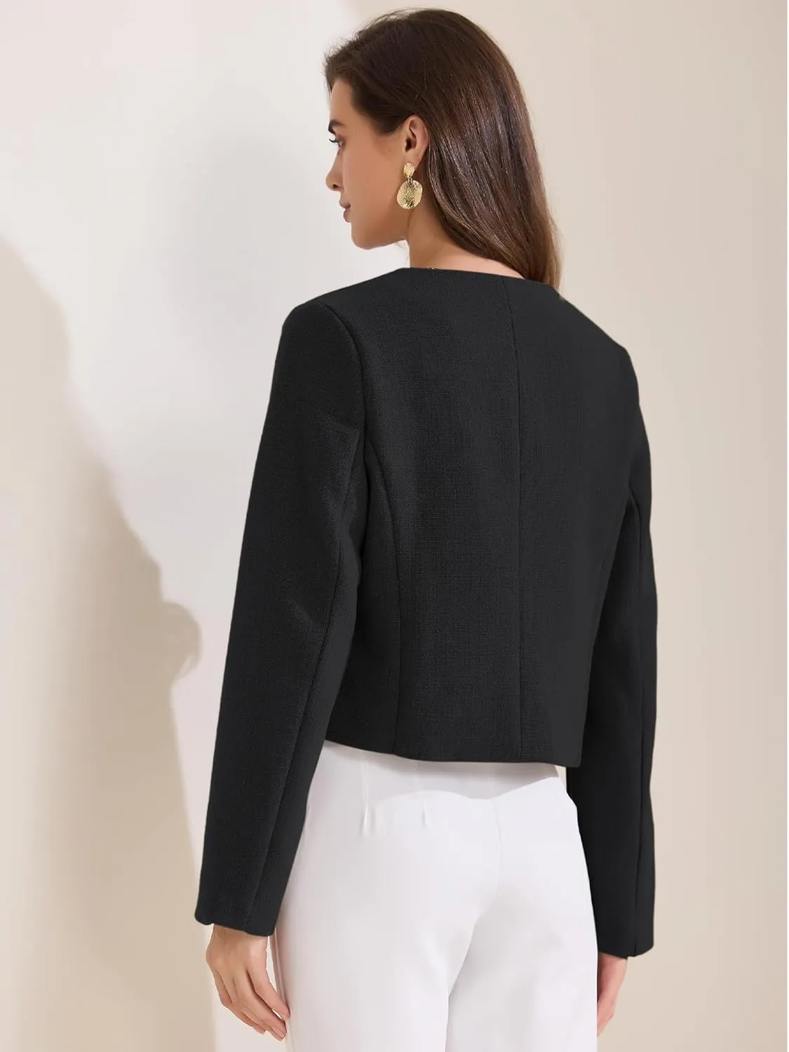 Allegra K Women's Cropped Blazer Jacket Long Sleeve Button Down Spring Fall Work Business Tweed Blazers