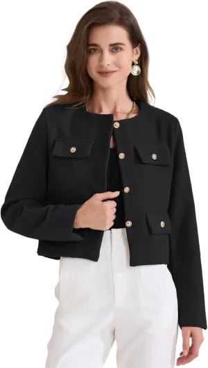 Allegra K Women's Cropped Blazer Jacket Long Sleeve Button Down Spring Fall Work Business Tweed Blazers