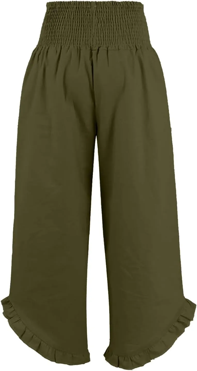 Aniywn Linen Pants Women Summer Wide Leg Trousers Smocked Waist Ruffle Hem Palazzo Pants Boho Flowy Beach Trousers Pocket