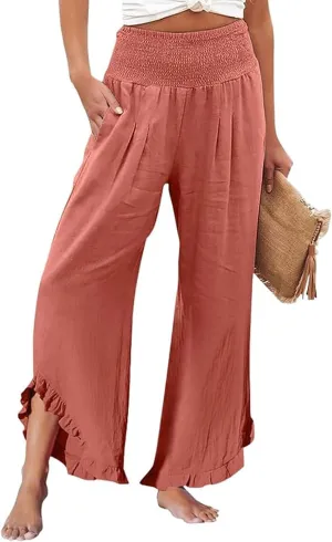 Aniywn Linen Pants Women Summer Wide Leg Trousers Smocked Waist Ruffle Hem Palazzo Pants Boho Flowy Beach Trousers Pocket