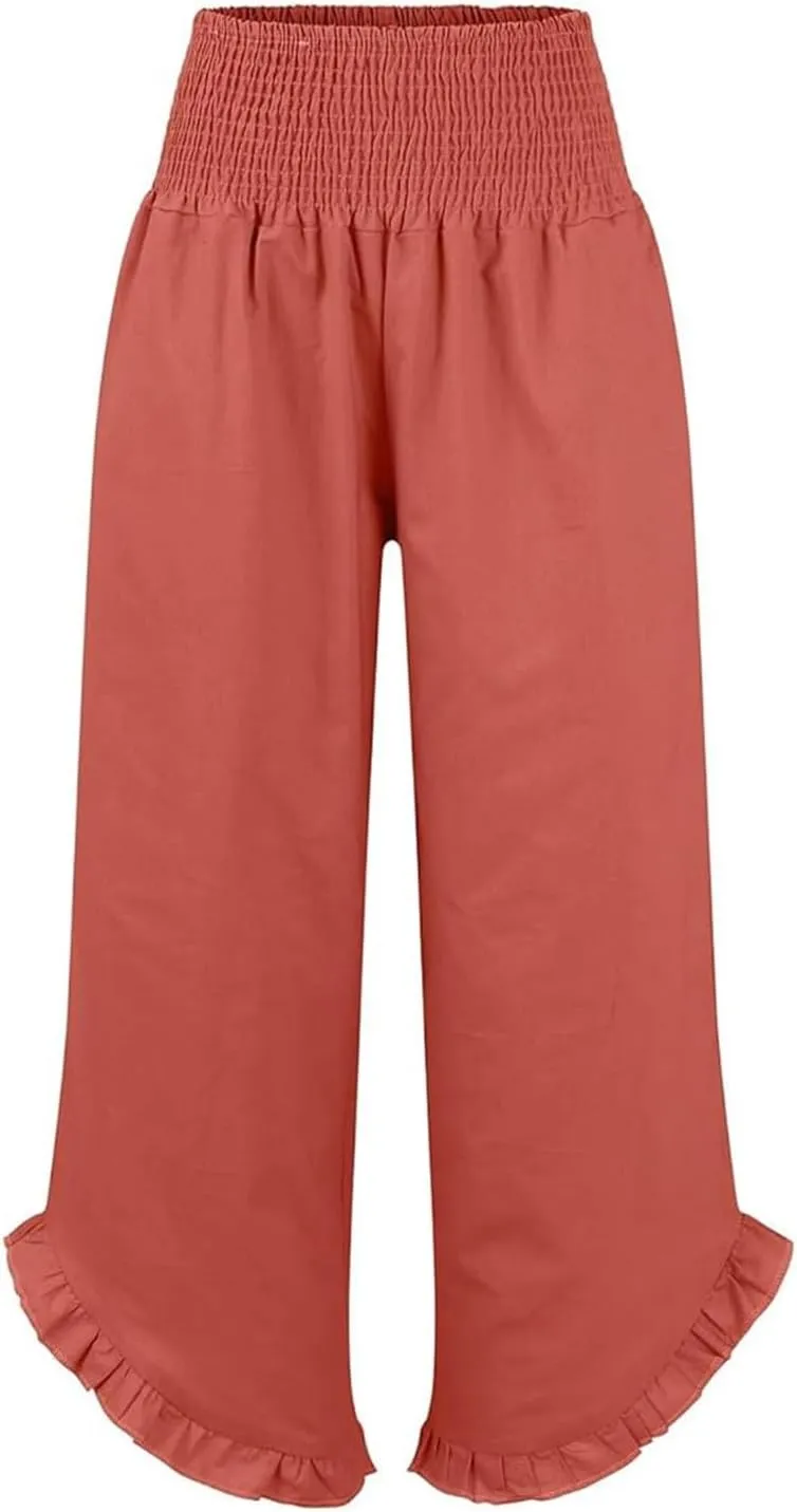 Aniywn Linen Pants Women Summer Wide Leg Trousers Smocked Waist Ruffle Hem Palazzo Pants Boho Flowy Beach Trousers Pocket