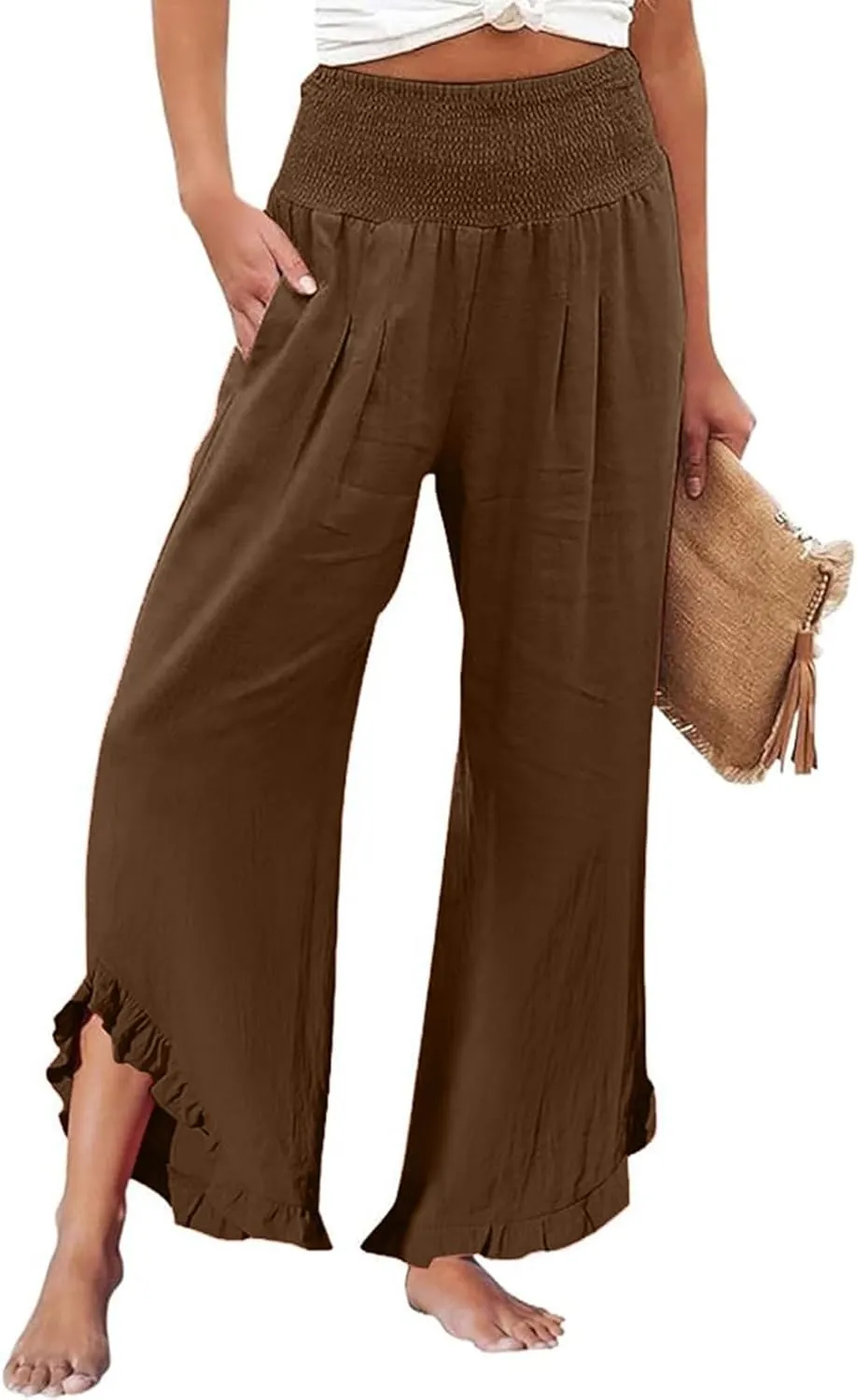Aniywn Linen Pants Women Summer Wide Leg Trousers Smocked Waist Ruffle Hem Palazzo Pants Boho Flowy Beach Trousers Pocket