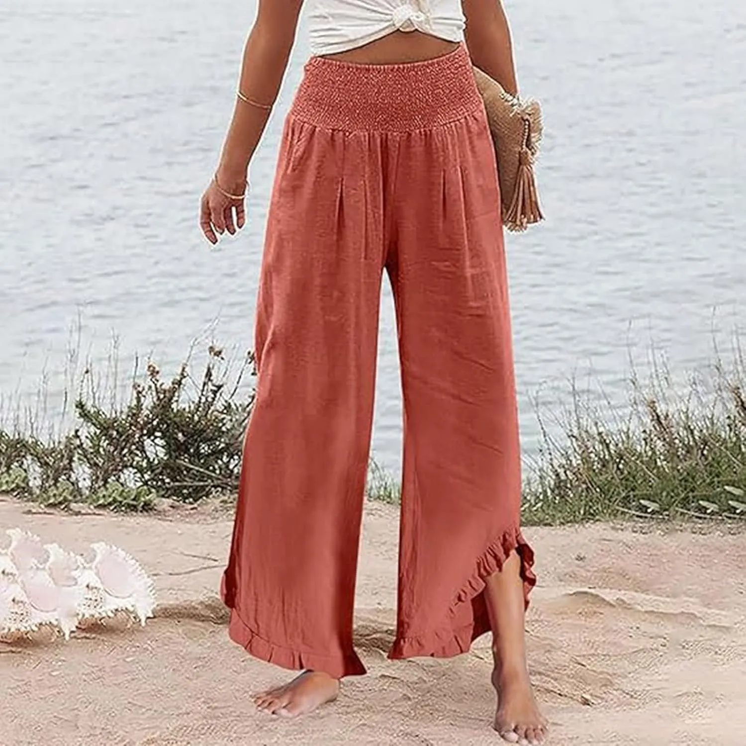 Aniywn Linen Pants Women Summer Wide Leg Trousers Smocked Waist Ruffle Hem Palazzo Pants Boho Flowy Beach Trousers Pocket
