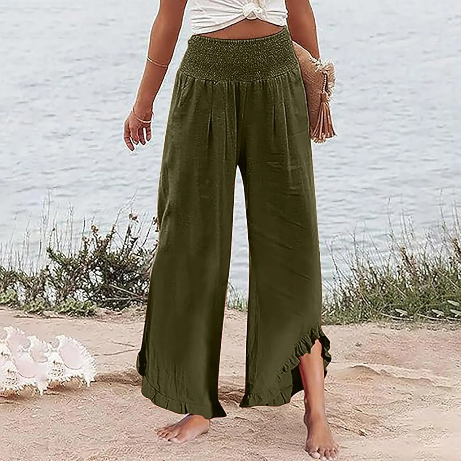 Aniywn Linen Pants Women Summer Wide Leg Trousers Smocked Waist Ruffle Hem Palazzo Pants Boho Flowy Beach Trousers Pocket