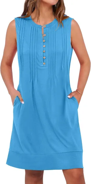 ANRABESS Sundresses for Women Summer Casual Loose Sleeveless Crewneck Tank Button Beach Vacation Mini Dresses with Pockets