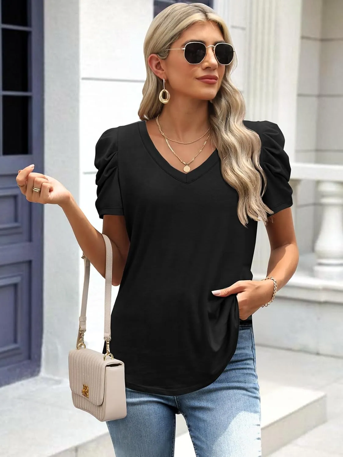 ATHMILE Womens Summer Shirt V Neck Casual Tshirts Puff Sleeve Tops for Women Trendy 2025 Tunic Solid Color