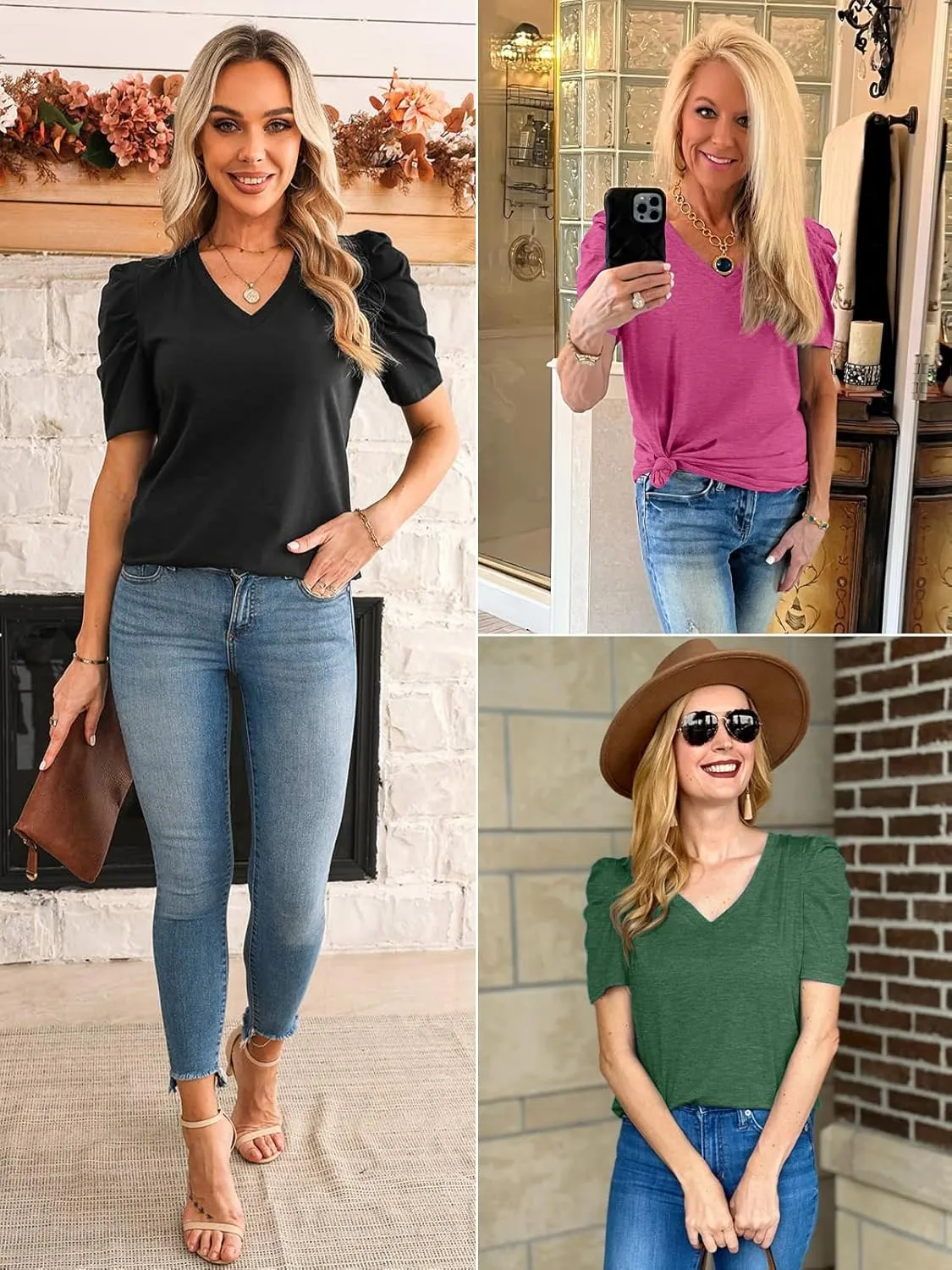 ATHMILE Womens Summer Shirt V Neck Casual Tshirts Puff Sleeve Tops for Women Trendy 2025 Tunic Solid Color
