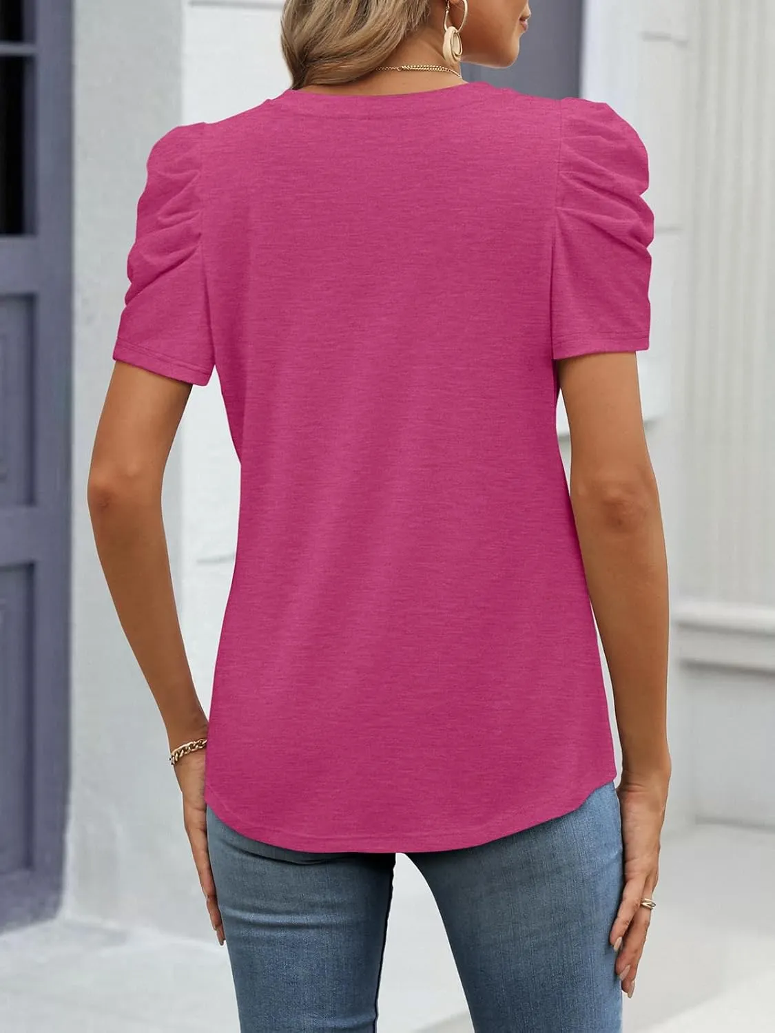 ATHMILE Womens Summer Shirt V Neck Casual Tshirts Puff Sleeve Tops for Women Trendy 2025 Tunic Solid Color